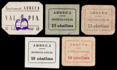 Arbeca. 10 (dos), 25 céntimos (dos) y 1 peseta. (T. 220f, 221, 222a, 223 var y 224). 5 cartones, todos los de la localidad. Conjunto muy raro. BC+/EBC...