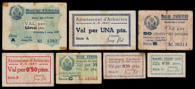 Arbúcies. 10, 25 (dos), 50 céntimos (dos) y 1 peseta (dos). (T. 230, 231a, 232, 233b y 234 a 236). 7 billetes, todos los de la localidad. BC-/MBC-.