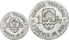 Arenys de Mar. 50 céntimos y 1 peseta. (AC. 6 y 7) (T. 245 y 246). 2 monedas, serie completa. Escasas. MBC+/EBC-.
