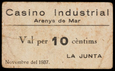 Arenys de Mar. Casino Industrial. La Junta. 10 céntimos. (AL. 282) (RGH. 6343). Cartón. Raro. BC+.