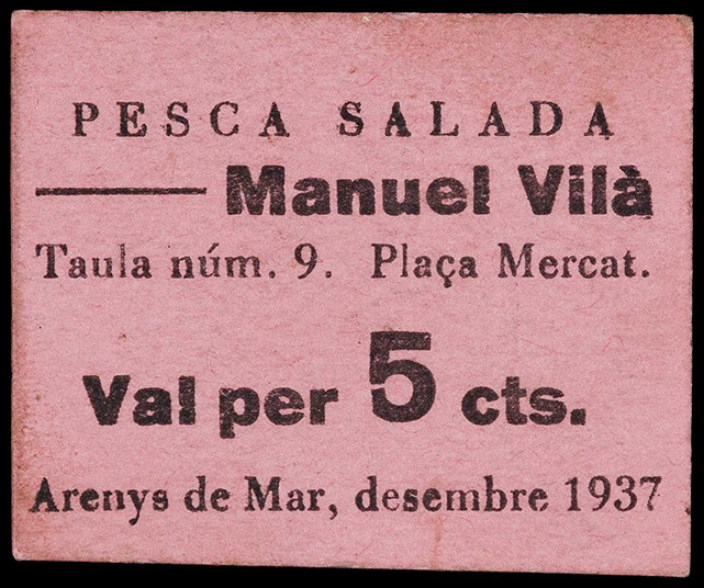 Arenys de Mar. Pesca Salada Manuel Vilà. 5 céntimos. (AL. falta valor) (RGH. 635...