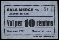 Arenys de Mar. Sala Mercè Montserrat Costa. 10 céntimos. (AL. 286) (RGH. 6356). Cartón. Raro. MBC.