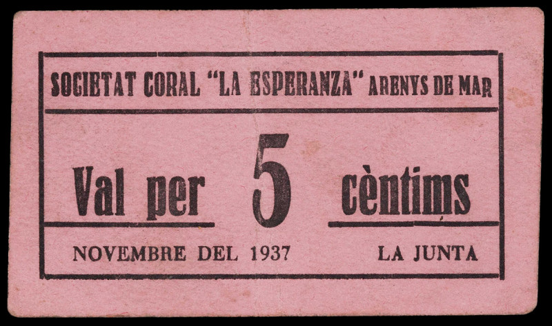 Arenys de Mar. Sociedad Coral "La Esperanza". 5 céntimos. (AL. falta valor) (RGH...