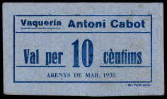 Arenys de Mar. Vaquería Antoni Cabot. 10 céntimos. (AL. 303) (RGH. 6368). Cartón. Raro. MBC.