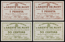 Arenys de Munt. 50 céntimos (dos) y 1 peseta (dos). (T. 247, 247a, 248 y 248a). 4 billetes, 2 series completas con y sin sello en seco, todos los del ...