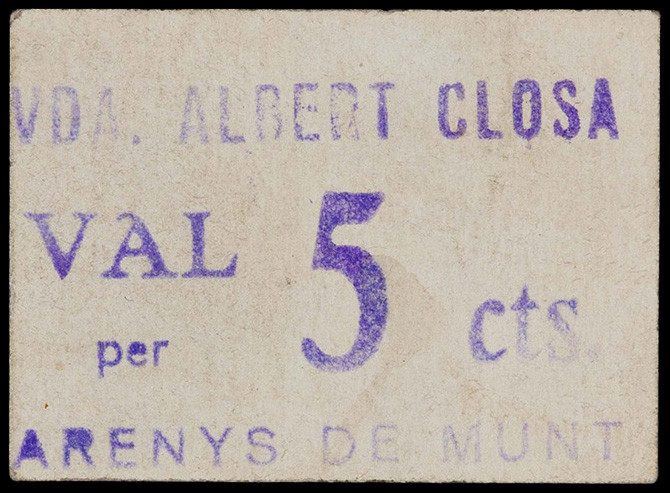 Arenys de Munt. Vda. Albert Closa. 5 céntimos. (AL. 314) (RGH. 6375). Cartón. Ra...