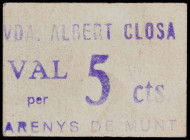 Arenys de Munt. Vda. Albert Closa. 5 céntimos. (AL. 314) (RGH. 6375). Cartón. Raro. MBC.