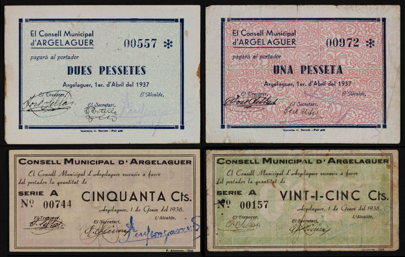 Argelaguer. 25, 50 céntimos, 1 y 2 pesetas. (T. 248c var, 250, 251b y 252a). 4 b...