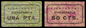 Argensola. 50 céntimos y 1 peseta. (T. 253 y 255). 2 cartones, nº 22 y 266. Muy raros. MBC+/EBC.