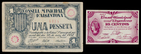 Argentona. 25 céntimos y 1 peseta. (T. 260 y 261). 2 billetes, todos los de la localidad. MBC-/EBC.