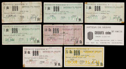 Artesa de Segre. 25, 50 céntimos (tres) y 1 peseta (cuatro). (T. 290, 292 a 297 y 298a). 8 billetes, 2 series completas, incluyendo el error de Torres...
