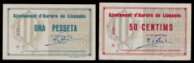 Aurora de Lluçanès. 50 céntimos y 1 peseta. (T. 305 y 306). 2 billetes, todos los de la localidad. La peseta, nº 177. Escasos. MBC-/MBC+.