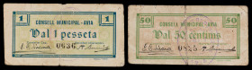 Avià. 50 céntimos y 1 peseta. (T. 307 y 308). 2 cartones, todos los de la localidad. Escasos. BC/BC+.