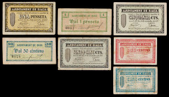 Bagà. 5, 10, 25, 50 céntimos (dos) y 1 peseta (dos). (T. 323 a 329). 7 billetes, todos los de la localidad. Uno de 50 céntimos, nº 146. Conjunto raro....