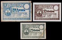 Bages d'en Selves. 25, 50 céntimos y 1 peseta. (T. 330b, 331b y 332c). 3 billetes, todos los de la localidad. Escasos. BC/EBC.