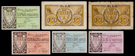Baix Montseny. 10, 25, 50 céntimos (tres) y 1 peseta. (T. 333, 334a y 335 a 338). 6 billetes, todos los de la localidad. BC-/EBC.