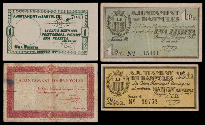 Banyoles. 25, 50 céntimos y 1 peseta (dos). (T. 355 a 358). 4 billetes, todos lo...