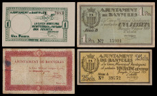 Banyoles. 25, 50 céntimos y 1 peseta (dos). (T. 355 a 358). 4 billetes, todos los de la localidad. BC/MBC+.