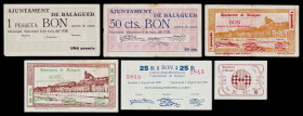Balaguer. 10, 25, 50 céntimos (dos) y 1 peseta (dos). (T. 339 var, 340, 341c, 342b, 343 y 344). 6 billetes, todos los de la localidad. El de 10 céntim...