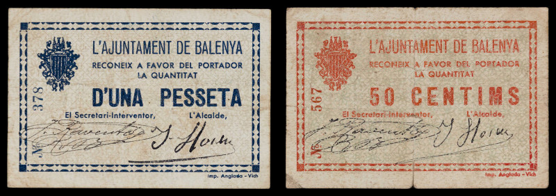 Balenyà. 50 céntimos y 1 peseta. (T. 345 y 346). 2 billetes, todos los de la loc...
