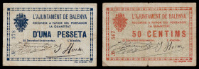 Balenyà. 50 céntimos y 1 peseta. (T. 345 y 346). 2 billetes, todos los de la localidad. Escasos. BC/MBC-.