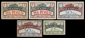 Balsareny. 25, 50 céntimos (dos) y 1 peseta (dos). (T. 347a, 348a, 349a, 350a y 351a). 5 billetes, todos los del Consell Municipal. Las dos series con...