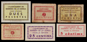 Barberà de la Conca. 5, 25 céntimos, 1 (dos) y 2 pesetas (dos). (T. 363 a 365, 366b, 367a y 368). 6 billetes, todos los de la localidad. Conjunto muy ...