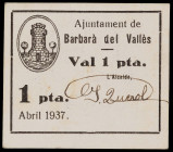 Barberà del Vallès. 1 peseta. (T. 369a). Cartón. Raro. MBC+.