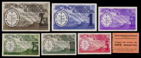 Barcelona. Unió de Cooperadors. 5, 10, 25, 50 céntimos, 1 y 2,50 pesetas. (AL. 1064 a 1069 y falta) (RGH. 6877 a 6882 y falta). 6 billetes, serie comp...