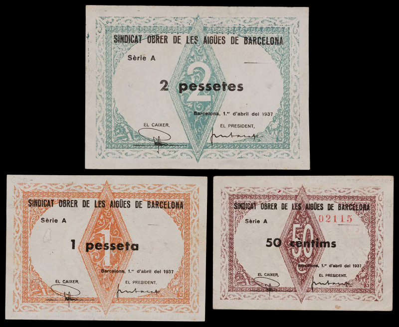 Barcelona. Sindicat Obrer de les Aigües de Barcelona. 50 céntimos, 1 y 2 pesetas...