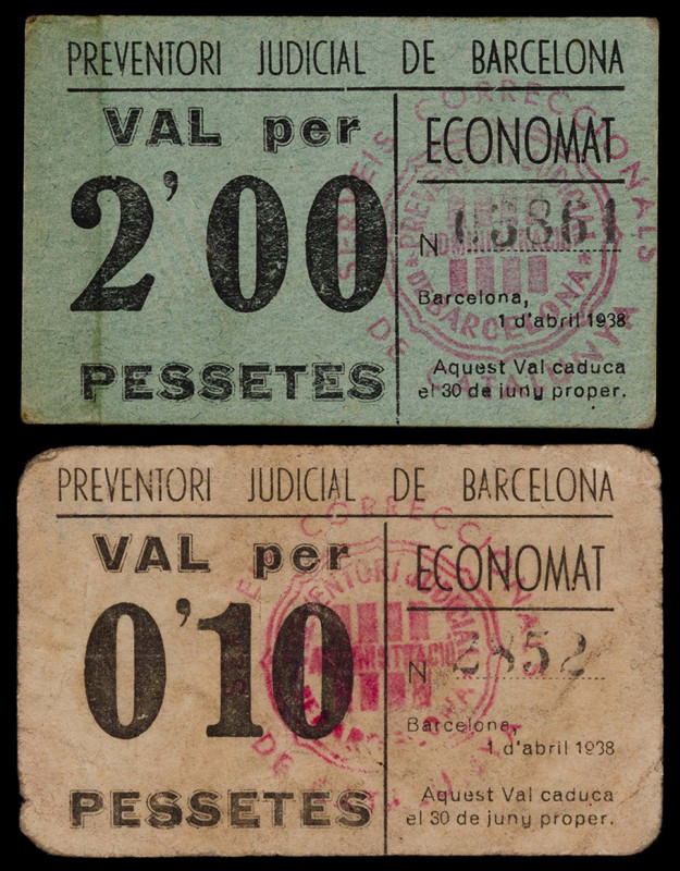 Barcelona. Preventori Judicial Economat. 10 céntimos y 2 pesetas. (AL. 1363 y 13...