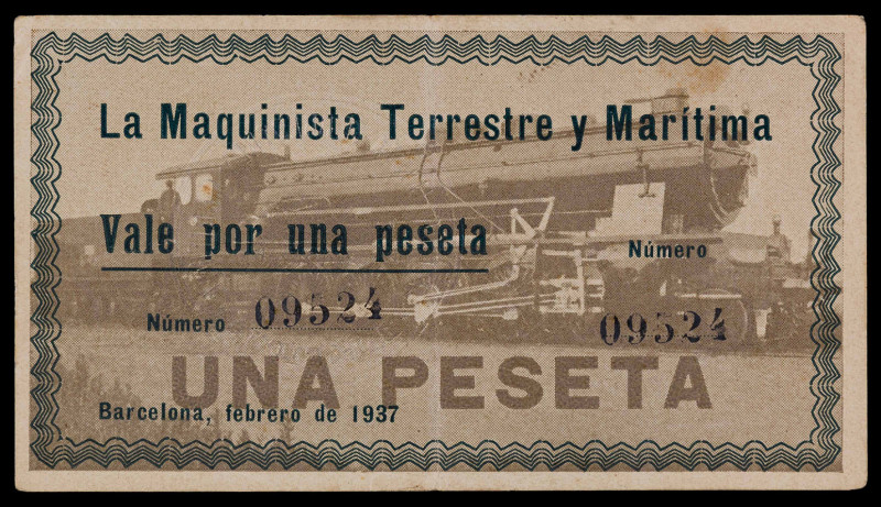 Barcelona. La Maquinista Terrestre y Marítima. 1 peseta. (AL. 1483). Escrito en ...