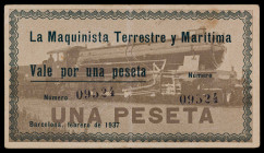 Barcelona. La Maquinista Terrestre y Marítima. 1 peseta. (AL. 1483). Escrito en castellano. Raro. MBC.