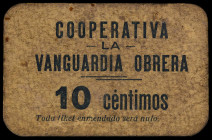 Barcelona. Cooperativa La Vanguardia Obrera. 10 céntimos. (AL. 1688 var) (RGH. 6691 var). Cartón escrito en castellano. Muy raro. MBC-.