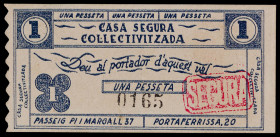 Barcelona. Casa Segura Col·lectivitzada. 1 peseta. (AL. falta) (RGH. falta). Nº 0165. Ex Áureo 02/07/2003, nº 887. Raro. EBC.