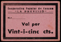 (Barcelona). Cooperativa Popular de Consum "La Previsió". 25 céntimos. (AL. falta) (RGH. falta). Cartón. MBC+.