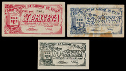 Baronia de Rialb. 10, 25 céntimos y 1 peseta. (T. 377, 378 y 379a). 3 billetes, serie completa. El de 25 céntimos, nº 325. MBC-/MBC+.