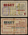 Beget. 50 céntimos y 1 peseta. (T. 397 y 398). 2 billetes. Nº 0050 y 0283. Raros. BC-/BC.