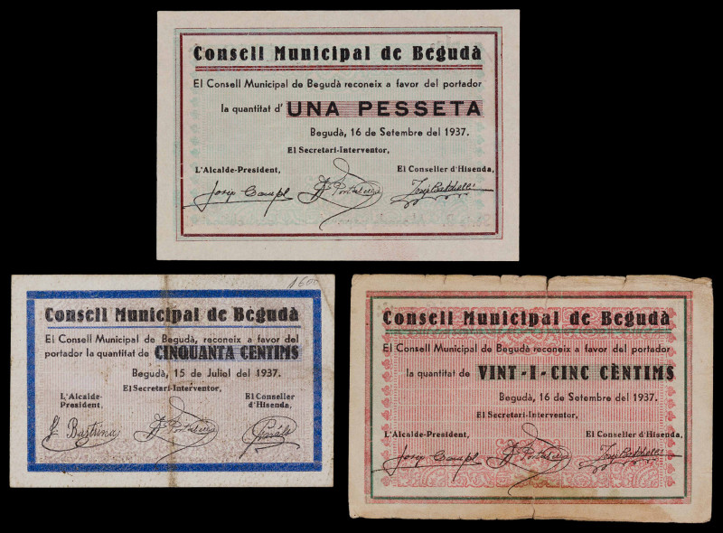 Begudà. 25, 50 céntimos y 1 peseta. (T. 402 a 404). 3 billetes, una serie comple...