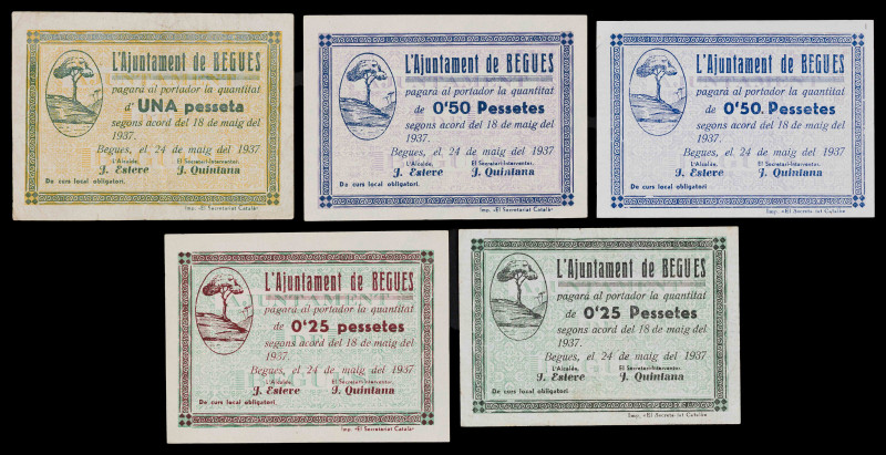 Begues. 25 (dos), 50 céntimos (dos) y 1 peseta. (T. 408 a 410, 412 var y 413). 5...