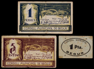 Begur. 5 céntimos y 1 peseta (dos). (T. 414 a 416). Un cartón y 2 billetes, todos los de la localidad. BC/MBC-.