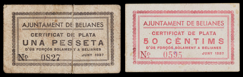 Belianes. 50 céntimos y 1 peseta. (T. 417 y 418). 2 cartones, todos los de la lo...