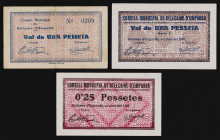 Bellcaire d'Empordà. 25 céntimos y 1 peseta (dos). (T. 431, 432c y 433a). 3 billetes, una serie completa. La primera peseta, nº 0309. MBC-/EBC+.