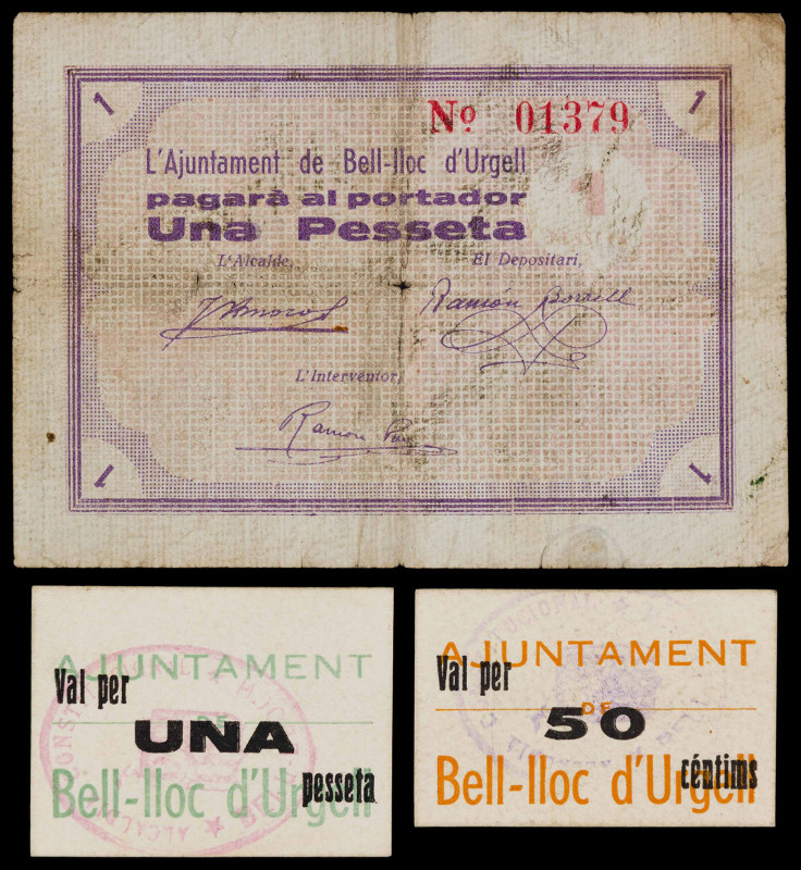 Bell-lloc d'Urgell. 50 céntimos y 1 peseta (dos). (T. 443, 444a y 445a). Un bill...