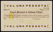 Bellmunt d'Urgell. 1 peseta (T. 448 var). Muy raro. MBC+.
