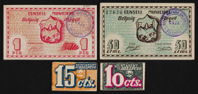 Bellpuig d'Urgell. 10, 15, 50 céntimos y 1 peseta. (T. 452b, 453, 454a y 455). 2 billetes y 2 cartones. 2 series completas. Escasos. MBC-/EBC.