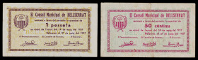 Bellserrat. 50 céntimos y 1 peseta. (T. 456b y 457b). 2 billetes, todos los de la localidad. BC+/MBC -.