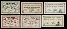 Bellver de Cerdanya. 25 (dos), 50 céntimos y 1 peseta (dos). (T. 464a y 466 a 470). 6 billetes, 2 series completas. Uno de 1 peseta, nº 0268. Conjunto...