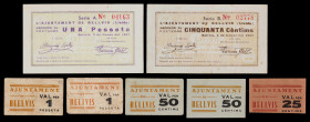Bellvís. 25, 50 (tres) y 1 peseta (tres). (T. 471, 472, 473a, 474, 475, 476a y 477, según los dibujos de Turró, no los textos). 2 billetes y 4 cartone...