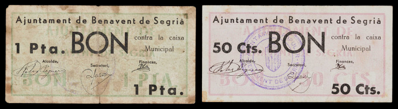 Benavent de Segrià. 50 céntimos y 1 peseta. (T. 478 y 479). 2 billetes, serie co...